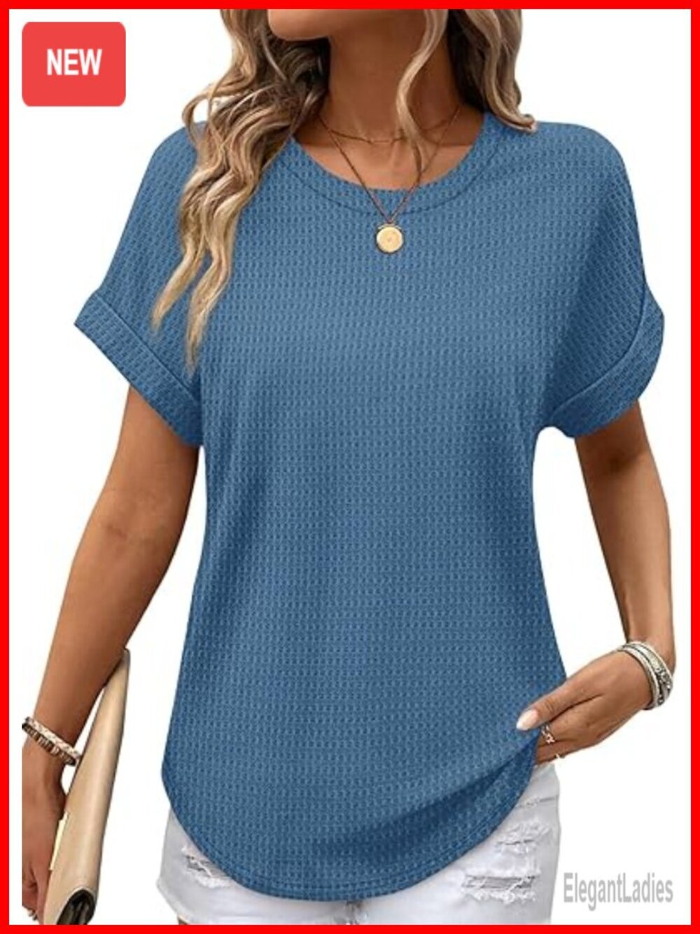 Waffle Knit Crew Neck Short Sleeve Tunic Top Curved Hem